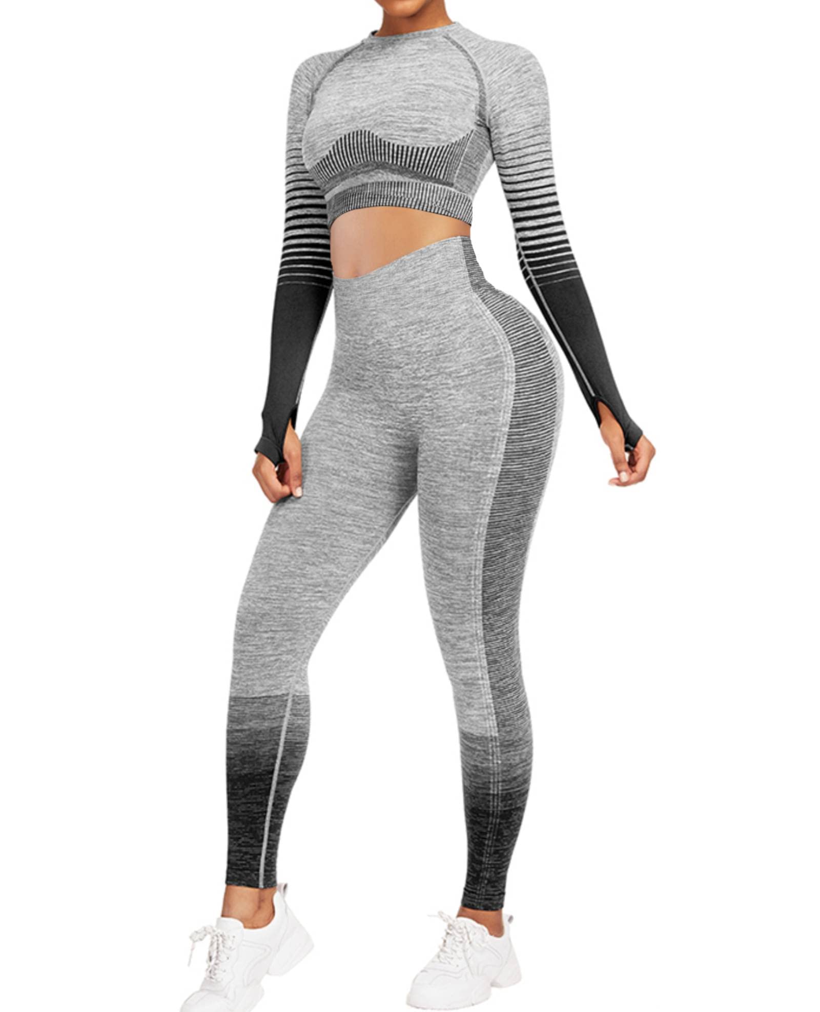 FeelinGirl 2 Piece Workout Sets for Women Long Sleeve Yoga Outfits Seamless Ribbed Crop Top High Waist Leggings
