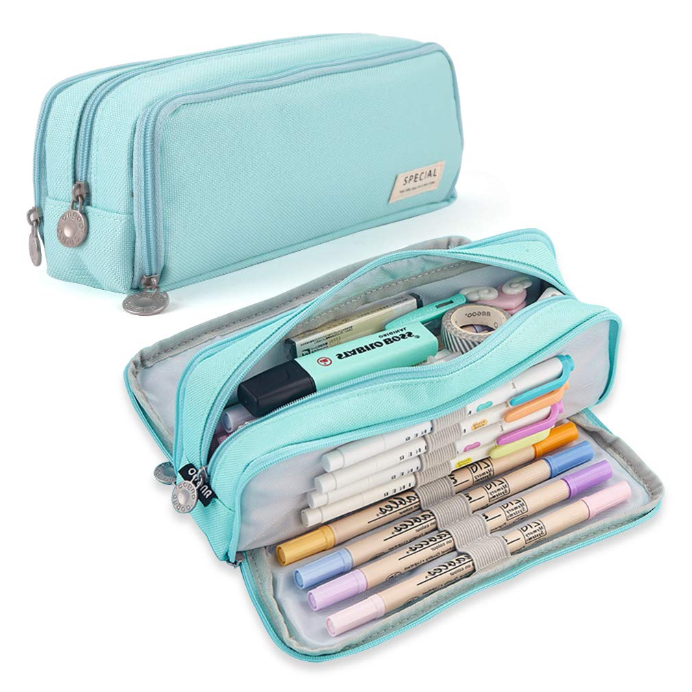 iSuperb Large 3-Compartment Pencil Case Pouch Big Capacity Pencil Bag Oxford Stationery Storage Pen Bag Cosmetic Makeup Pouch for Women Girls (Blue)