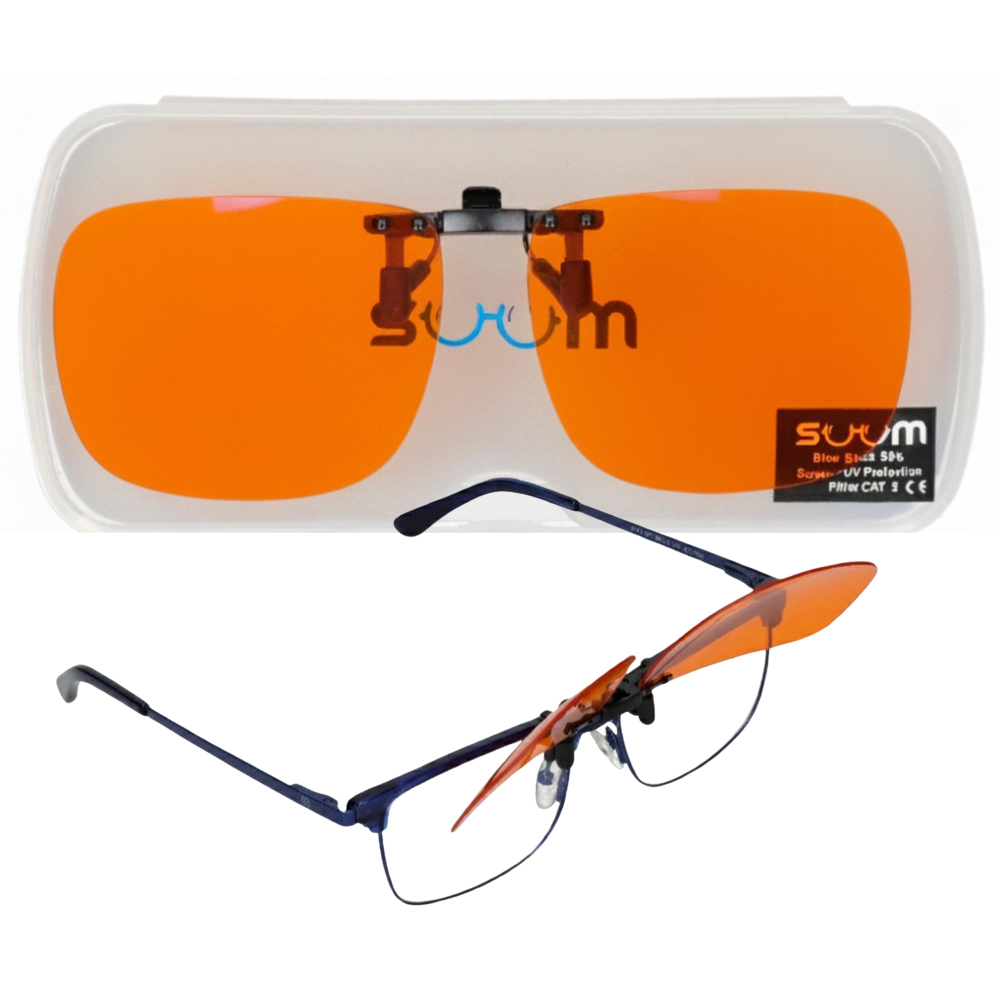SUUM Clip-On de Pinza Abatible Filtro Luz Azul para Gafas Graduadas - Lentes Naranja Antifatiga para Pantallas y Lectura - Clip Luz Azul para Gaming y Trabajo con Visión Dual