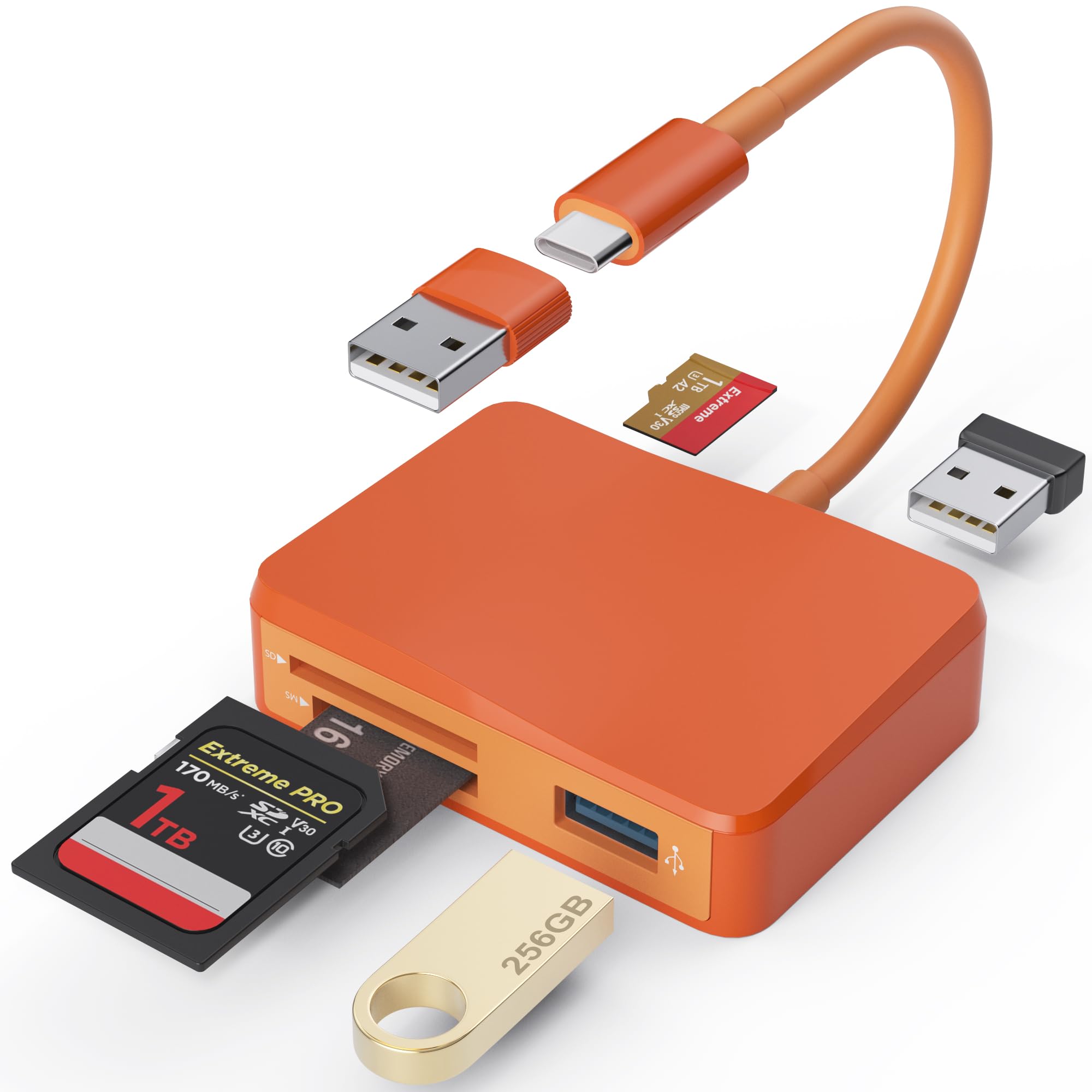 SD Card Reader, 5 in 1 USB-C & USB Card Adapter with SD/MicroSD/MS and Dual USB-A Ports Memory Card Reader for iPhone 17/16/15 Pro Max iPad MacBook Pro/Air M4/M3 Android Phone/Tablet PC (Orange)-image-0