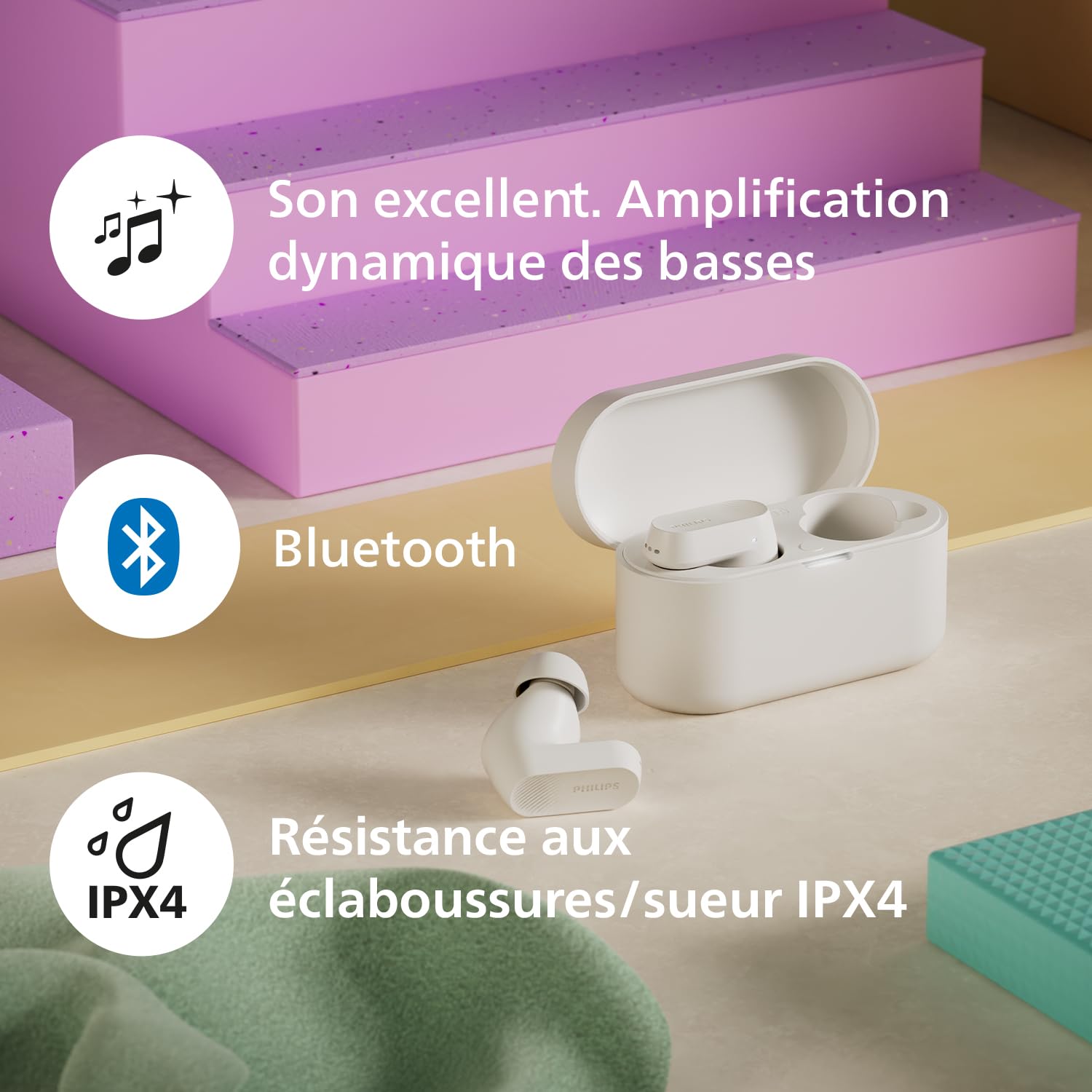 Philips TAT3509WT écouteurs Intra-Auriculaires sans Fil - Casque antibruit, Son Naturel avec Basses dynamiques, appels clairs et étui de Chargement de Poche - Blanc