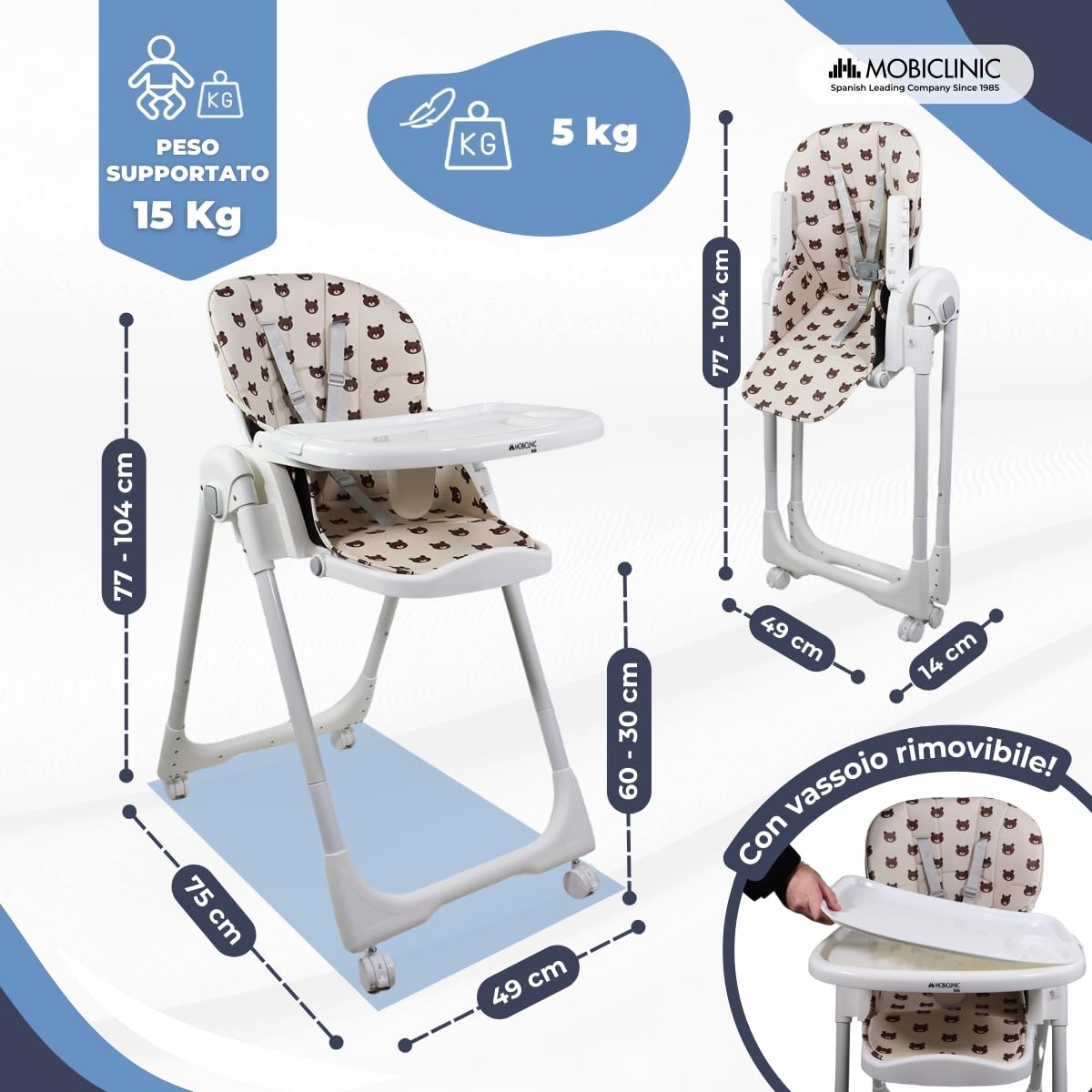 Mobiclinic® kids, Seggiolone per bambini, Evolutiva, Pieghevole, Trasformabile in, Simba, Imbracatura a 5 punti, Ruote con freno, Doppio vassoio estraibile, Tessuto lavabile, Regolabile