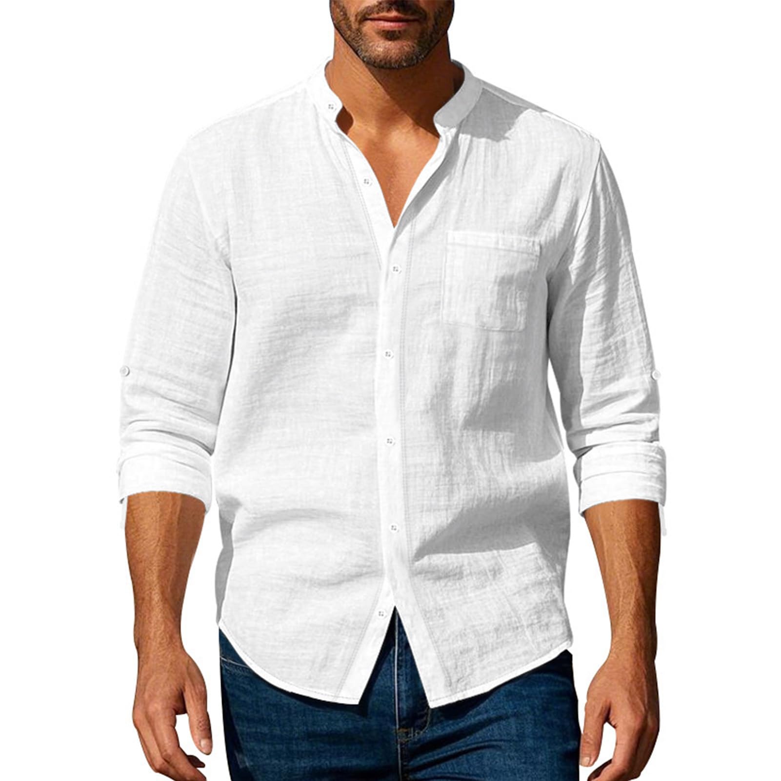Volemo Camisa Lino Hombre Camisas Manga Larga con Bolsillo Color Sólido Casual Shirts Regular Fit