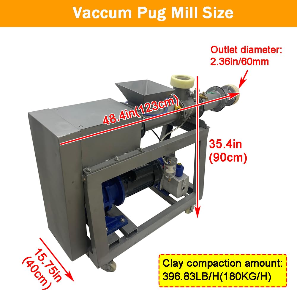 EQCOTWEA Ceramic Clay Extruder Mixer Machine 110V 1500W Vacuum Pug Mill 396LB/H Production Stainless Steel Double Shaft Electric Mud Extruder Tool Clay Making Machine for Pottery Ceramic Craft