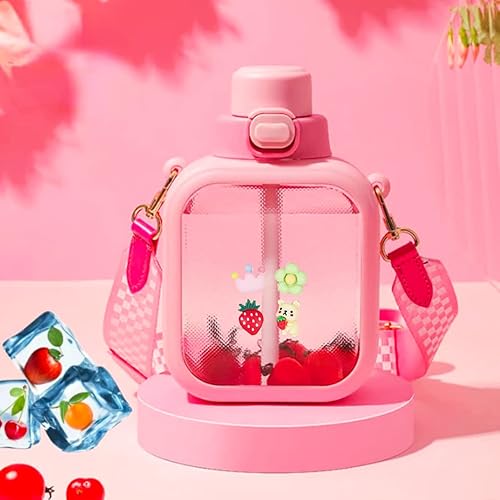 LueWeiLIFE Botella de agua transparente de 24 onzas con pajilla, botellas transparentes Kawaii, portátiles con correa ajustable, para escuela,