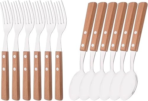 Juego de cubiertos de 12 tenedores y cucharas, utensilios de cocina de acero inoxidable 188, diseño de mango de madera de pera natural, incluye 6