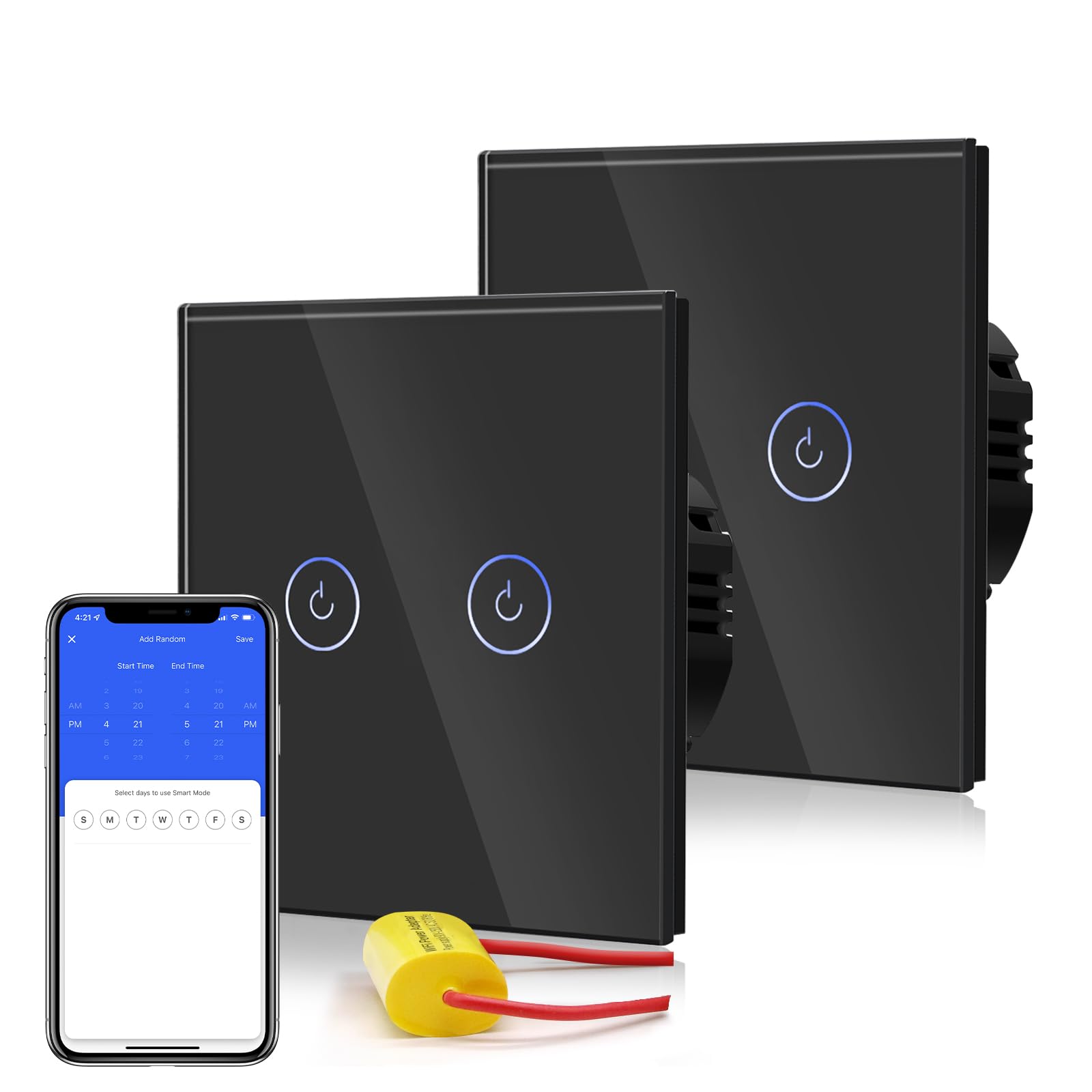 BSEED Smart Light Switch,WiFi Touch Wall Switches with Glass Panel,LED Lights,Work with Alexa/Smart Life App Control,Without Neutral Wire,2 Gang 2 Way-2 Pack,86mm Black — image 1