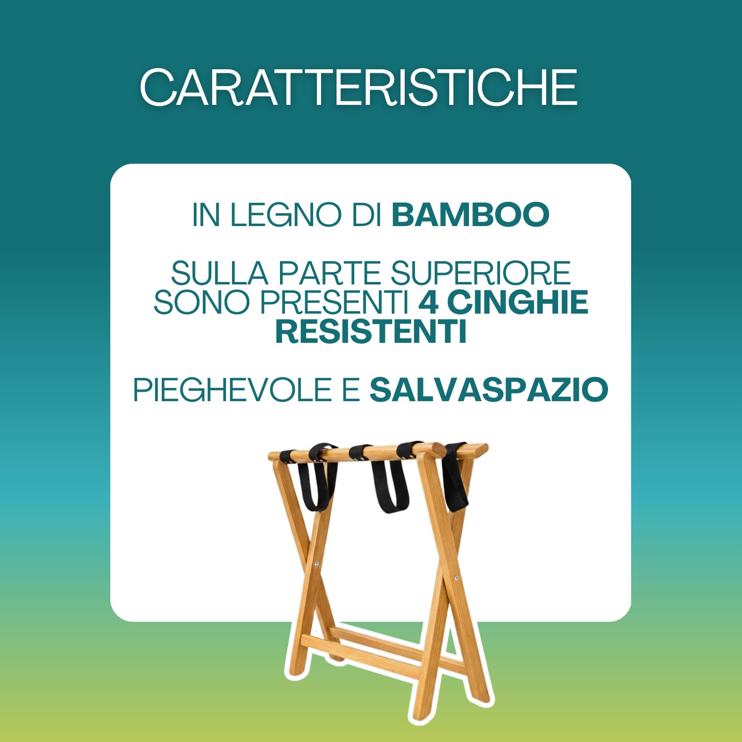 VIRSUS Porta Valigie Pieghevole in Legno Bamboo 65x36x36 cm con 5 Cinghie Cavalletto Sgabello Reggivaligia
