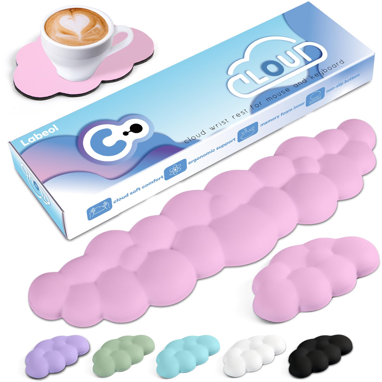 Cloud Wrist Rest for Keyboard Arm Support with Non-Slip Base, Extended Memory Foam for Typing Pain Relief, Office & Gaming
