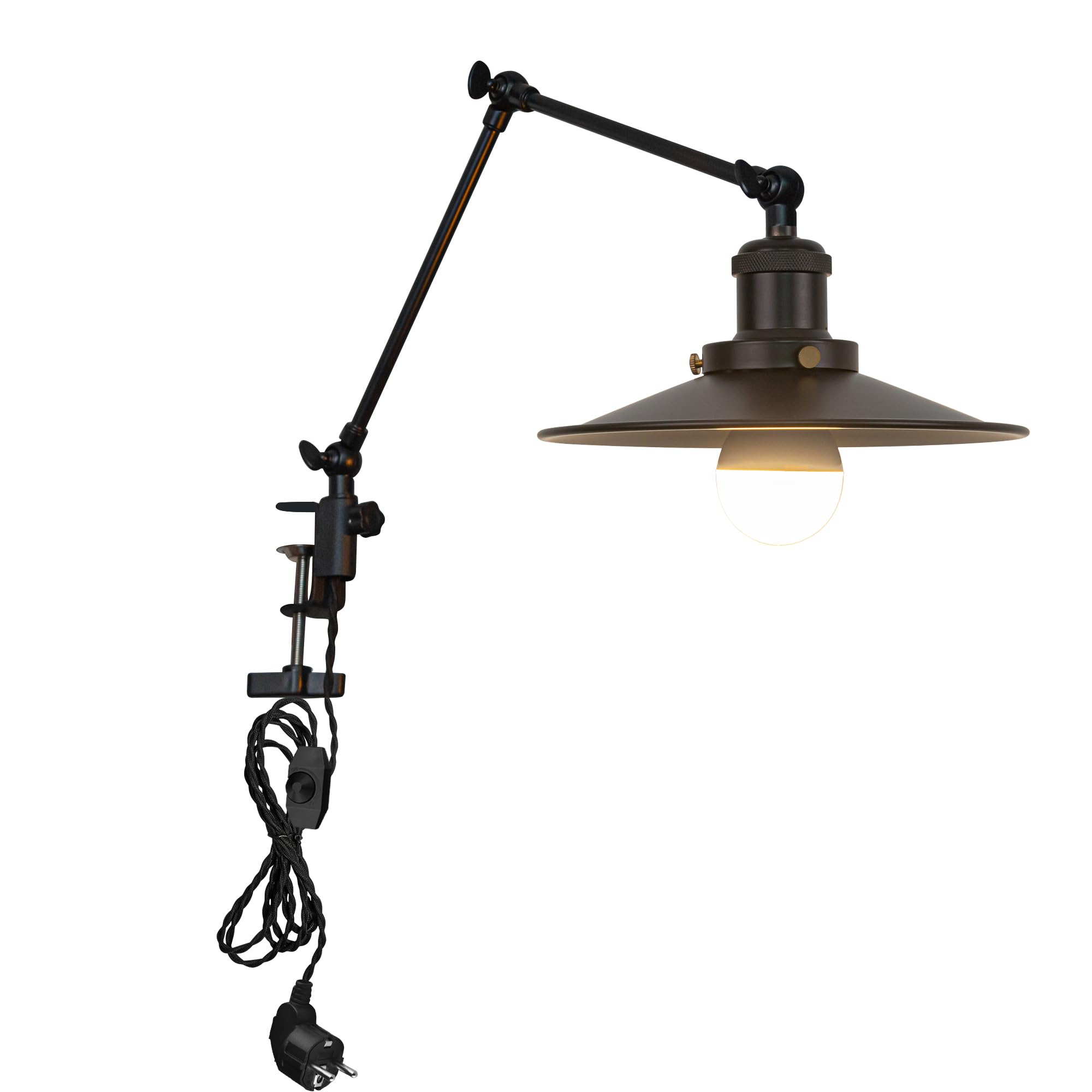 Industrial Klemmleuchte mit 2,5 Schalterkabel, Einstellbar Clip auf Schreibtisch Leselampe,Dimmbar Clamp Nachttischlampe mit Flexarm für Schreibtisch Nachttisch Regal Schwarz- TD/2773