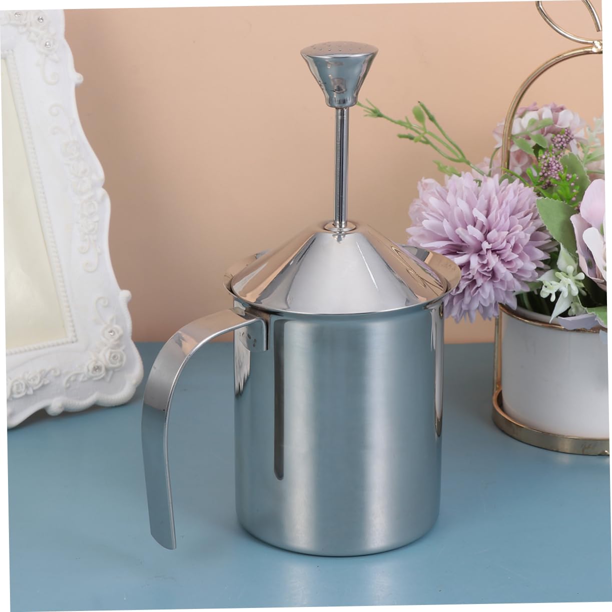 BESTYASH Espumador de Leche Manual de Acero Inoxidable 304 sin Electricidad Doble Malla y 800 Ml Adecuado para Café en Casa