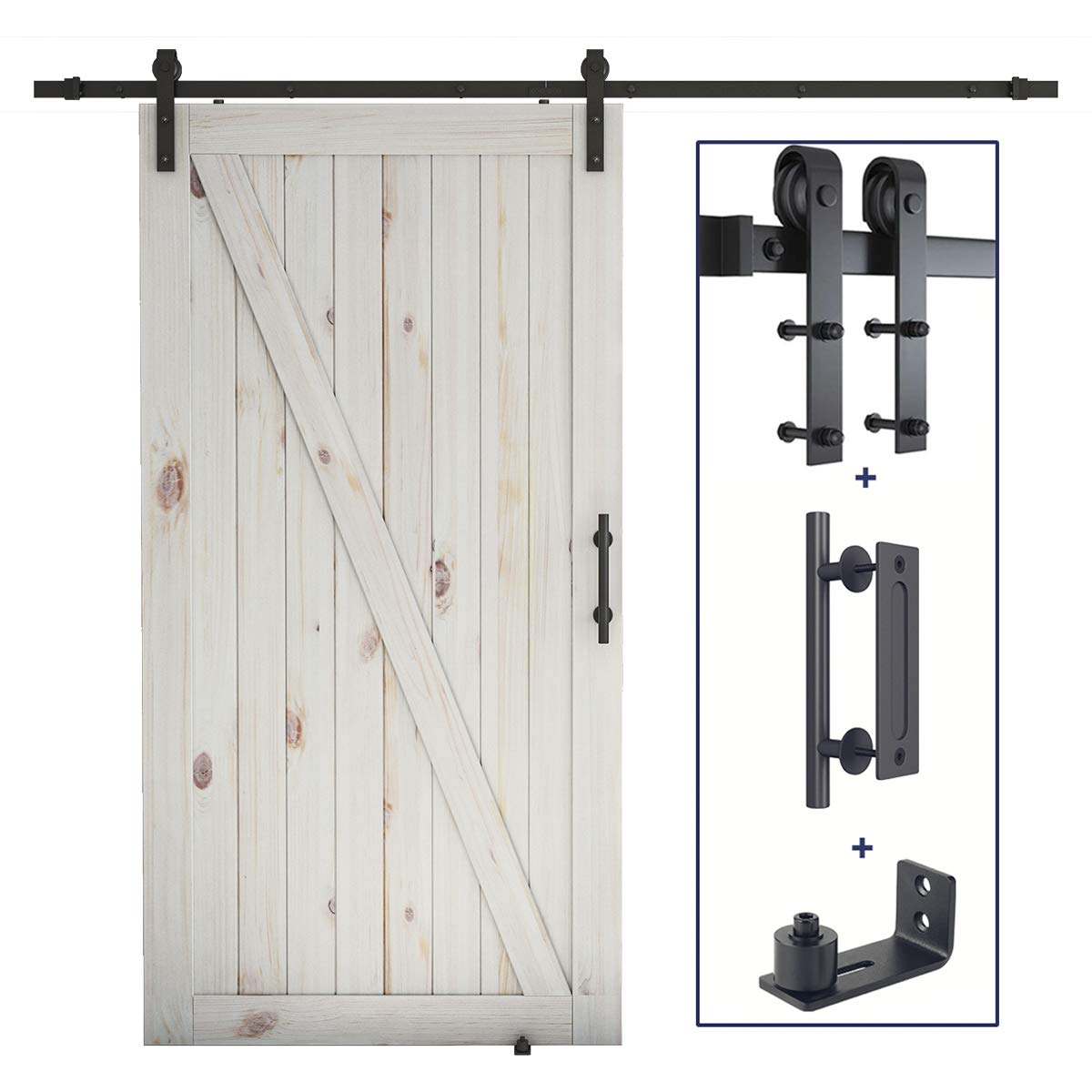 SMARTSTANDARD 8FT Sliding Barn Door Hardware Whole Kit (Include 8FT Track Kit & Pull Handle Set & Floor Guide), Smoothly and Quietly, Easy to Install, Fit 42"-48" Wide Door Panel (J Shape)