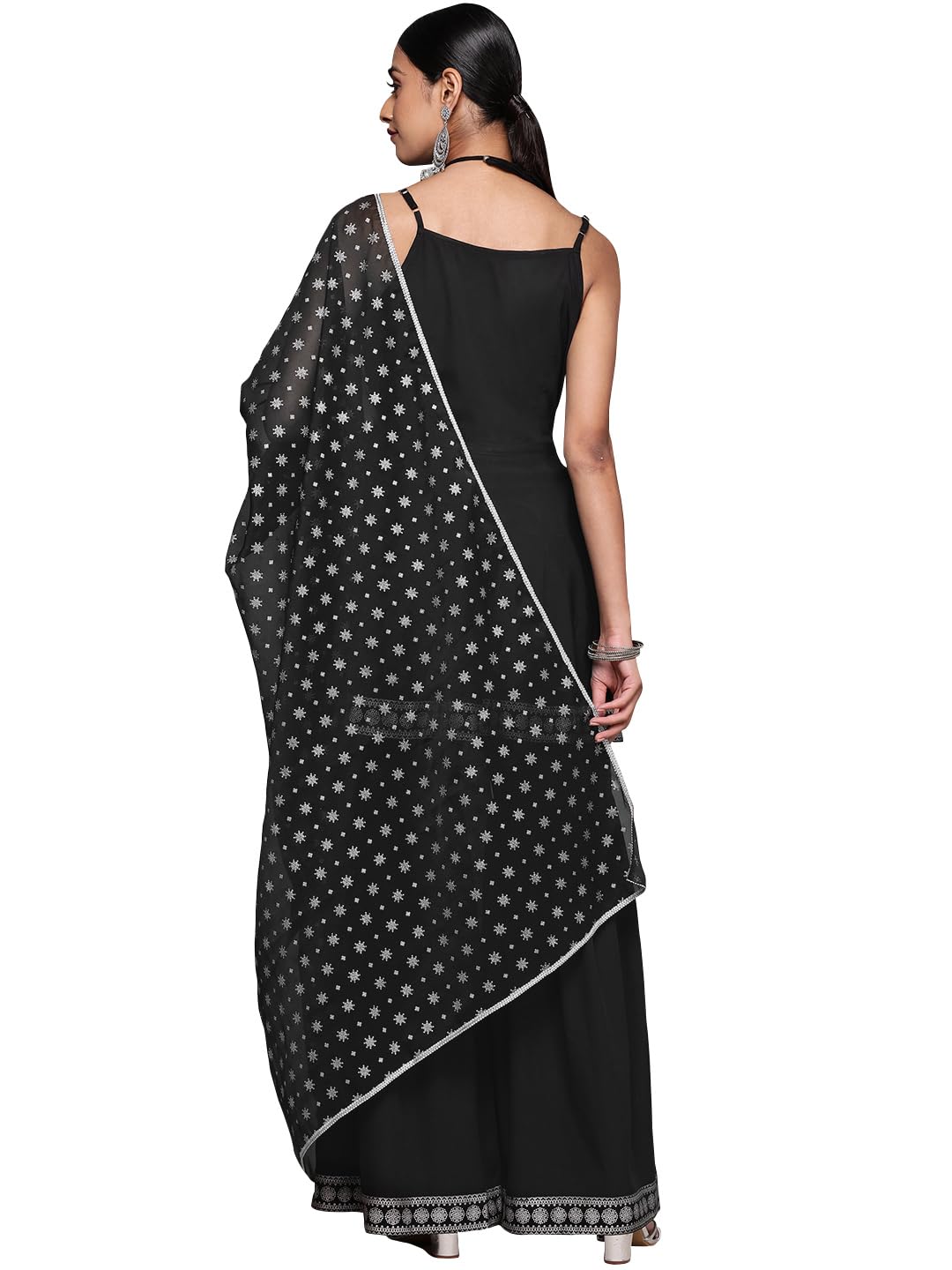 Ziyaa Women's Black Crepe Kurta, Sharara And Dupatta Set