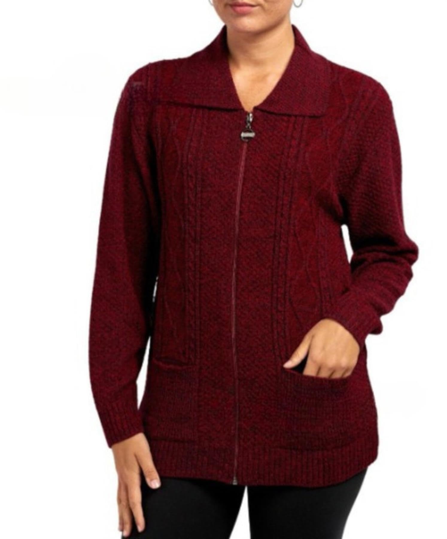 Wickedfashions123 Women's Wine ’S Cable Knitted Collared Sweater Front Pocketed Cardigan Long Sleeves Winter Wear Zipper Cardigan Classy Knitwear Plus Size Sweater Uk 20-22