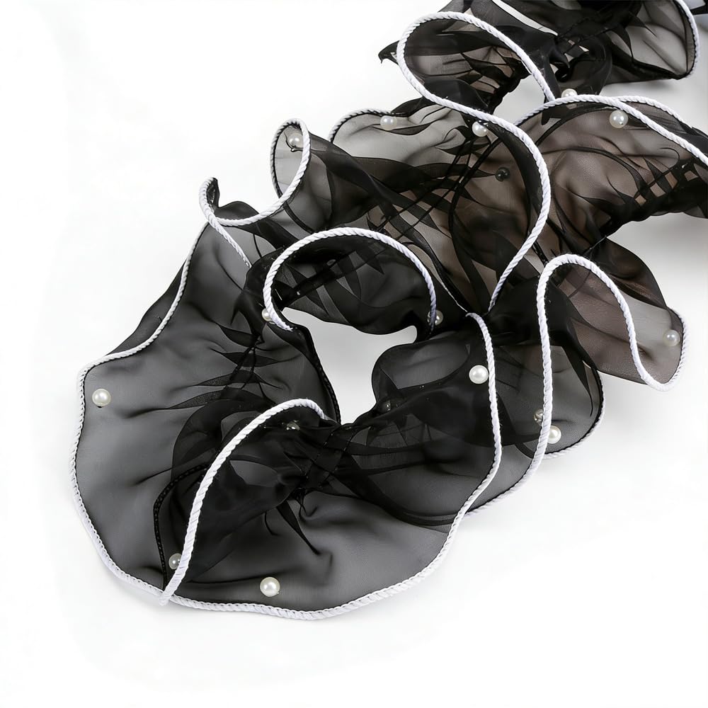 11cmx2m Ruffled Lace Trim with Beads Pleated Organza Ribbon Organza Lace Ribbon for Bouquet Gift Wrapping, Black with White Edge