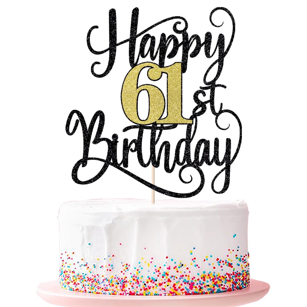 happy 61th birthday cake topperοΌ 61 birthday party cake decorations (Black and gold flashes, 61st)