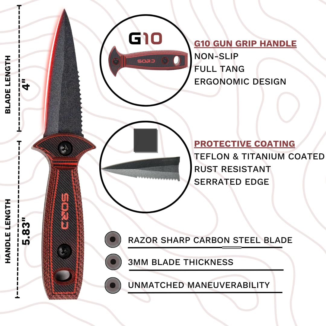 SORD Dive Knife - 4” Diving Knife for Spearfishing, Scuba Diving, and Free Diving with Sheath - Full Tang Knife | G10 Handle | Corrosion Resistant, Black & Red