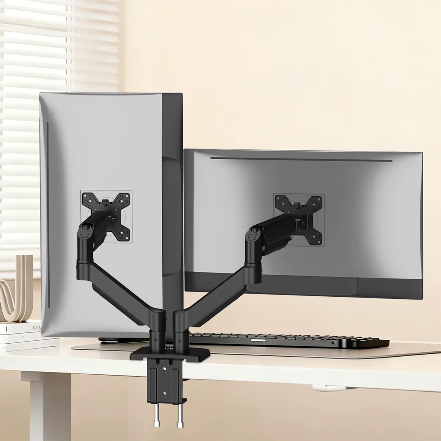Amazon Basics Heavy Duty Dual Monitor Arm with Gas Spring Adjustment for 13-32" Screens | Ergonomic Adjustable VESA Stand | Supports 2-9 Kgs | Swivel, Tilt & Rotate | Steel & Aluminum Build-image-20