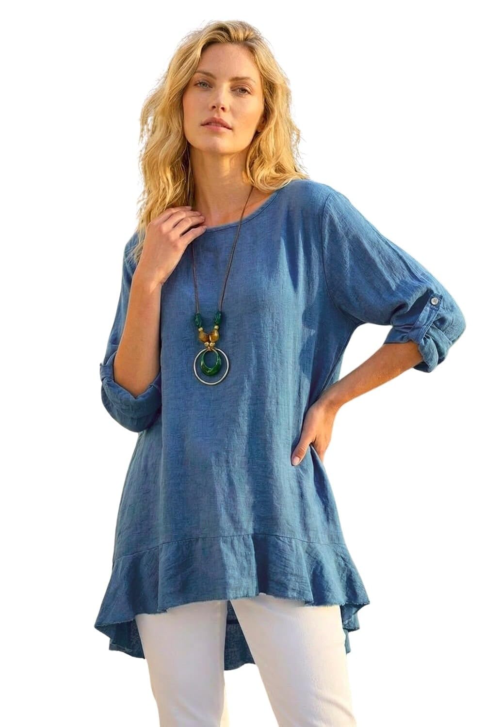 Roman Necklace Frill Hem Tunic Top Blue - Women's M - 3/4 Sleeve