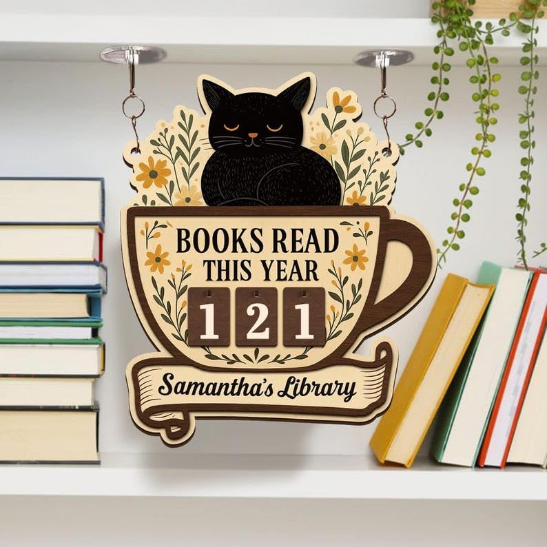 Books Read This Year Tracker with Black Cat, Personalized Bookshelf Counter with Name, Bookish Décor, Birthday Gift for Book Lover