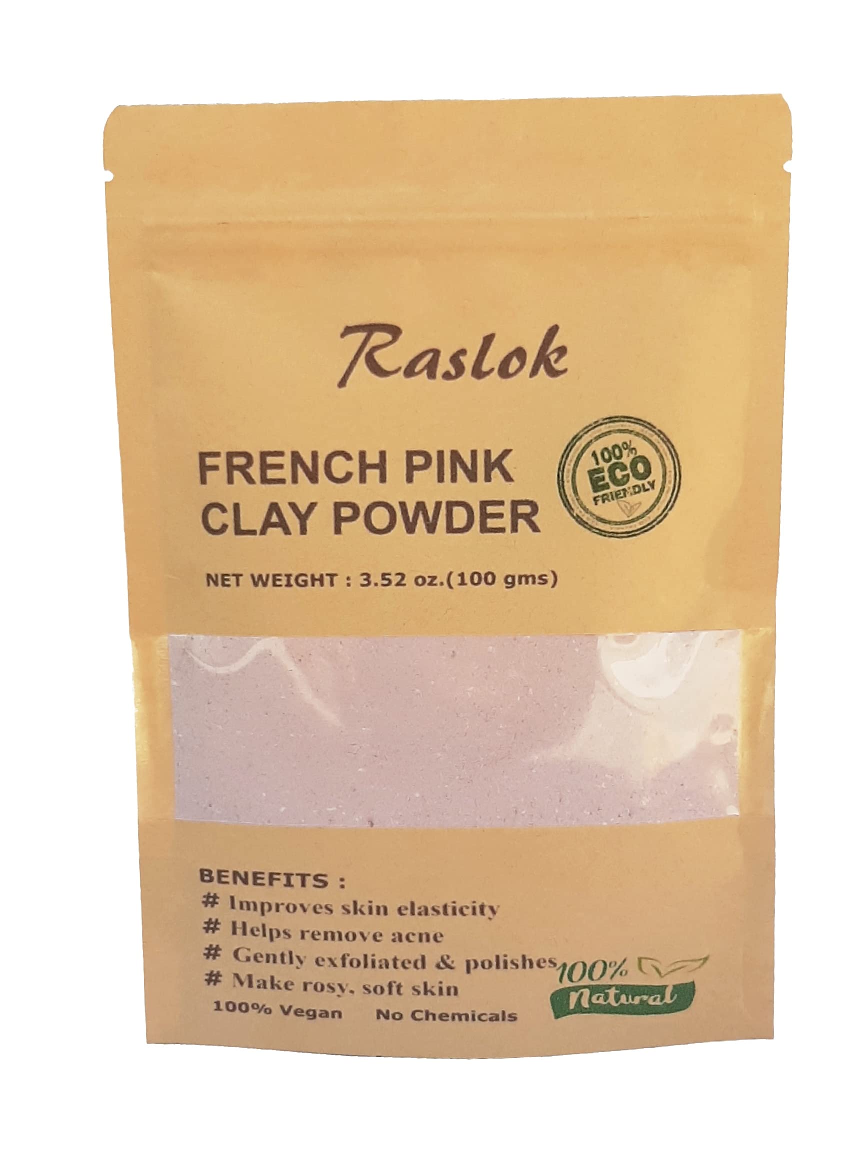 Raslok French Pink Clay 100g | 3.52 oz. | Montmorrillonite Pink Clay (French Rose Clay) | Mild Hydrating Clay suitable for Sensitive,Matured & Acne-Prone Skin