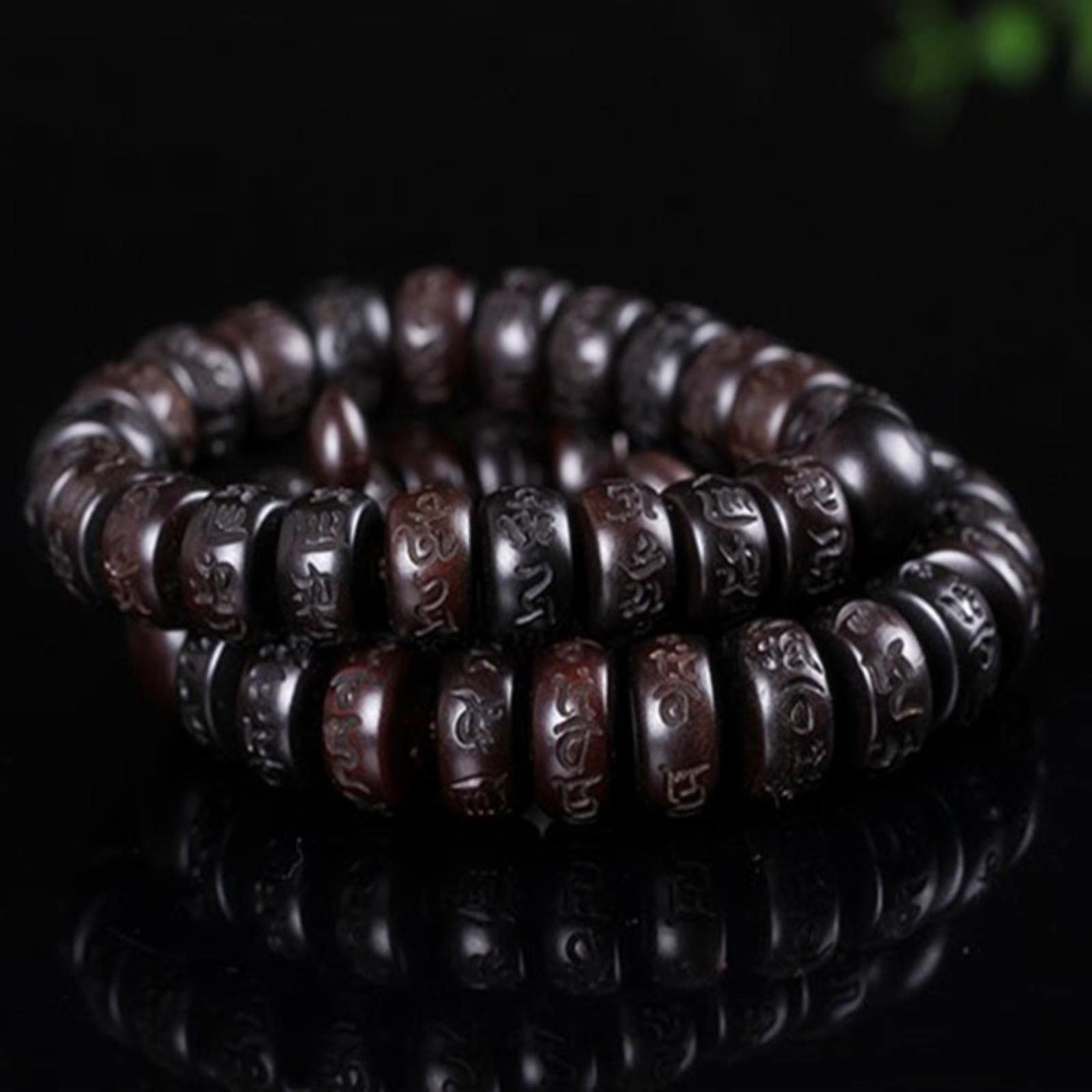 Pezzo di Bracciale con Perline in Vero Legno di Pesca Intagliato a Mano, Braccialetti Buddha per Uomo e Donna, con Perline Piatte da 15 mm
