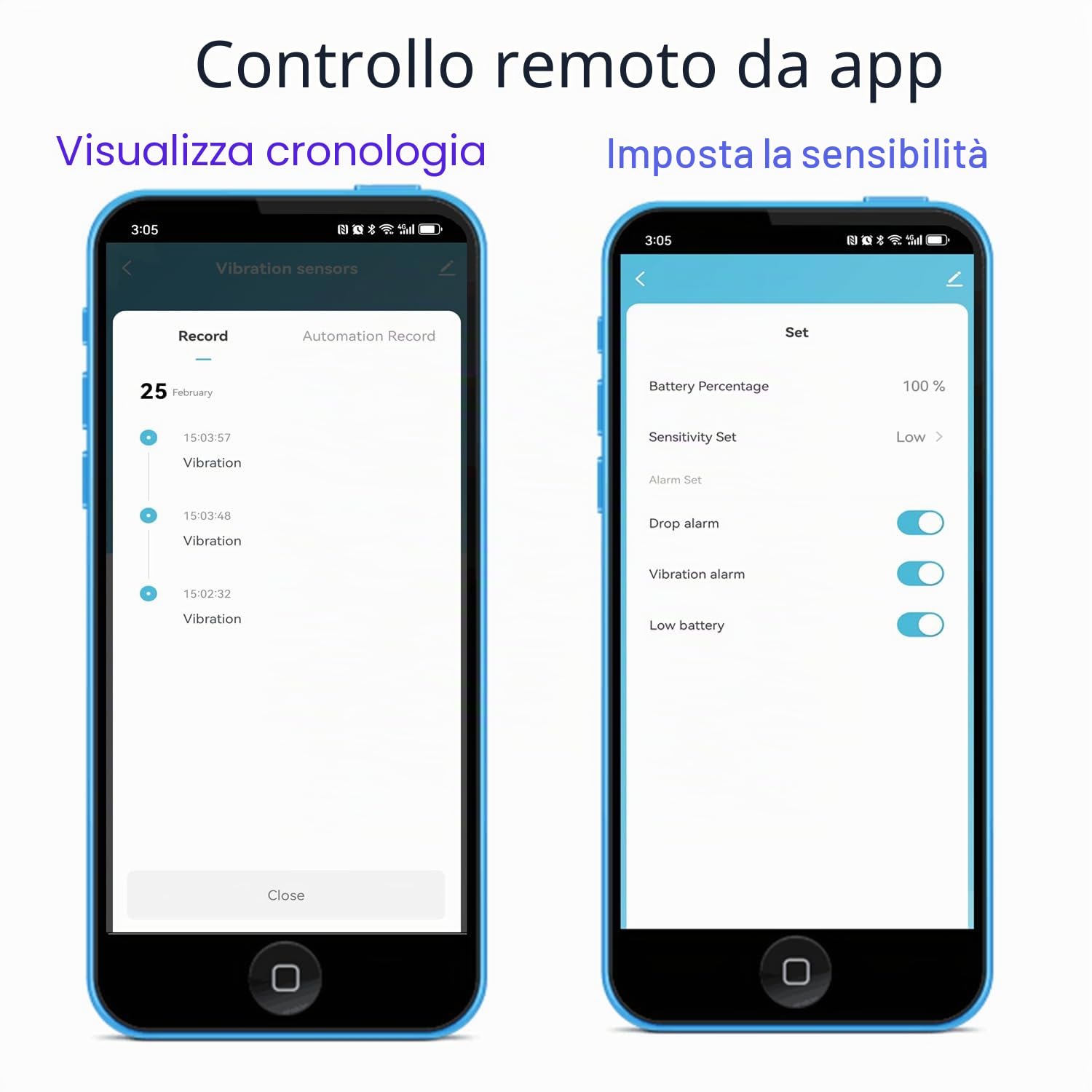 Sensore di vibrazione intelligente: rilevatore di rottura del vetro wireless, sensore di porta WiFi con allarmi app, sensibilità regolabile, sensore di sicurezza per sistema di allarme -2Pack
