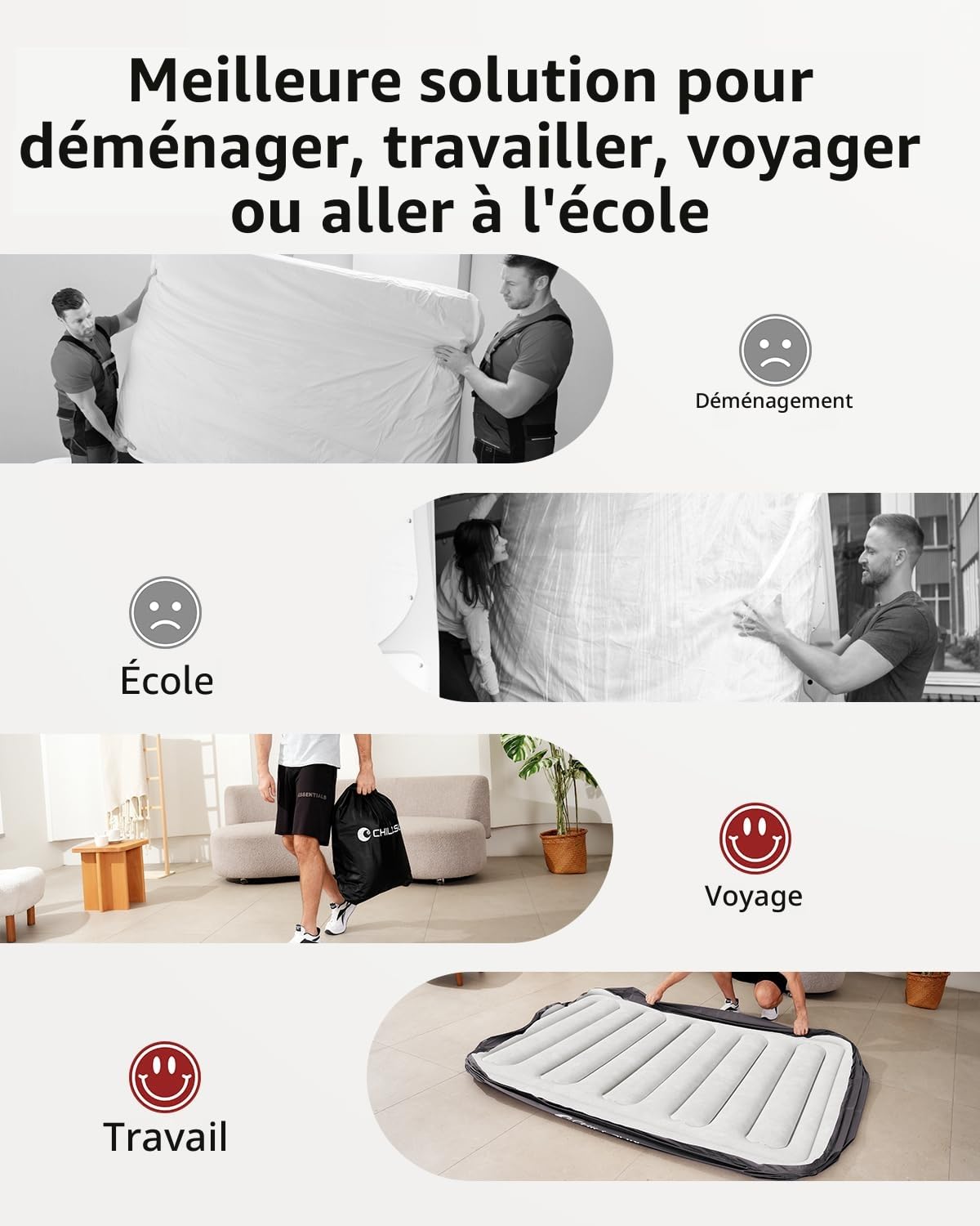 CHILLSUN Matelas Gonflable 2 Personnes 203x152x46cm Lit Gonflable Surface Flockée Étanche Pompe
