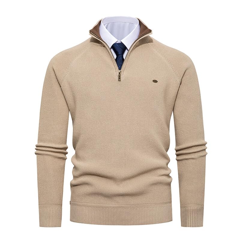 Mens Casual Slim Fit Pullover Sweaters Long Sleeve Knitted Fabric Zip Up Mock Neck Polo Sweater