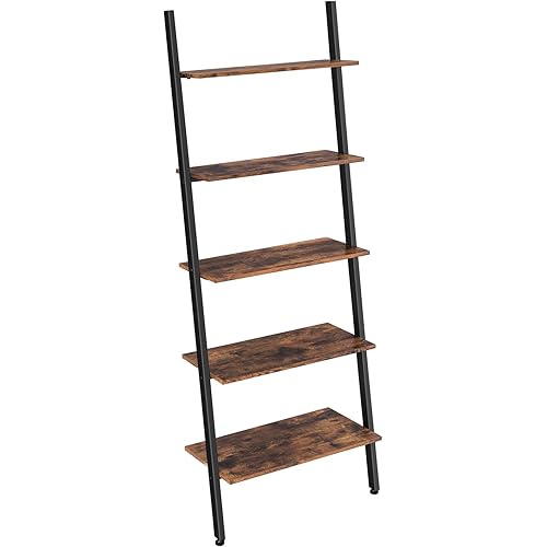 VASAGLE Ladder Shelf Leaning Shelf, 5-Tier Bookshelf, for Living Room Kitchen Office, Stable Steel, Industrial, Rustic Brown and Black ULLS46BX