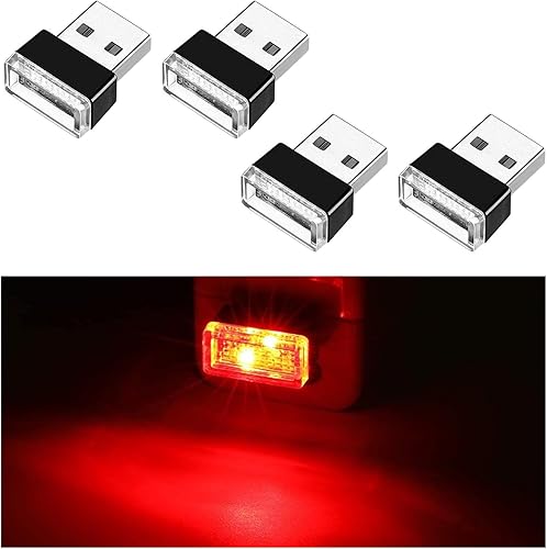 Ziciner 4 lámparas LED USB para el interior del automóvil, mini luz nocturna LED portátil, kit de iluminación ambiental de interfaz USB enchufable,