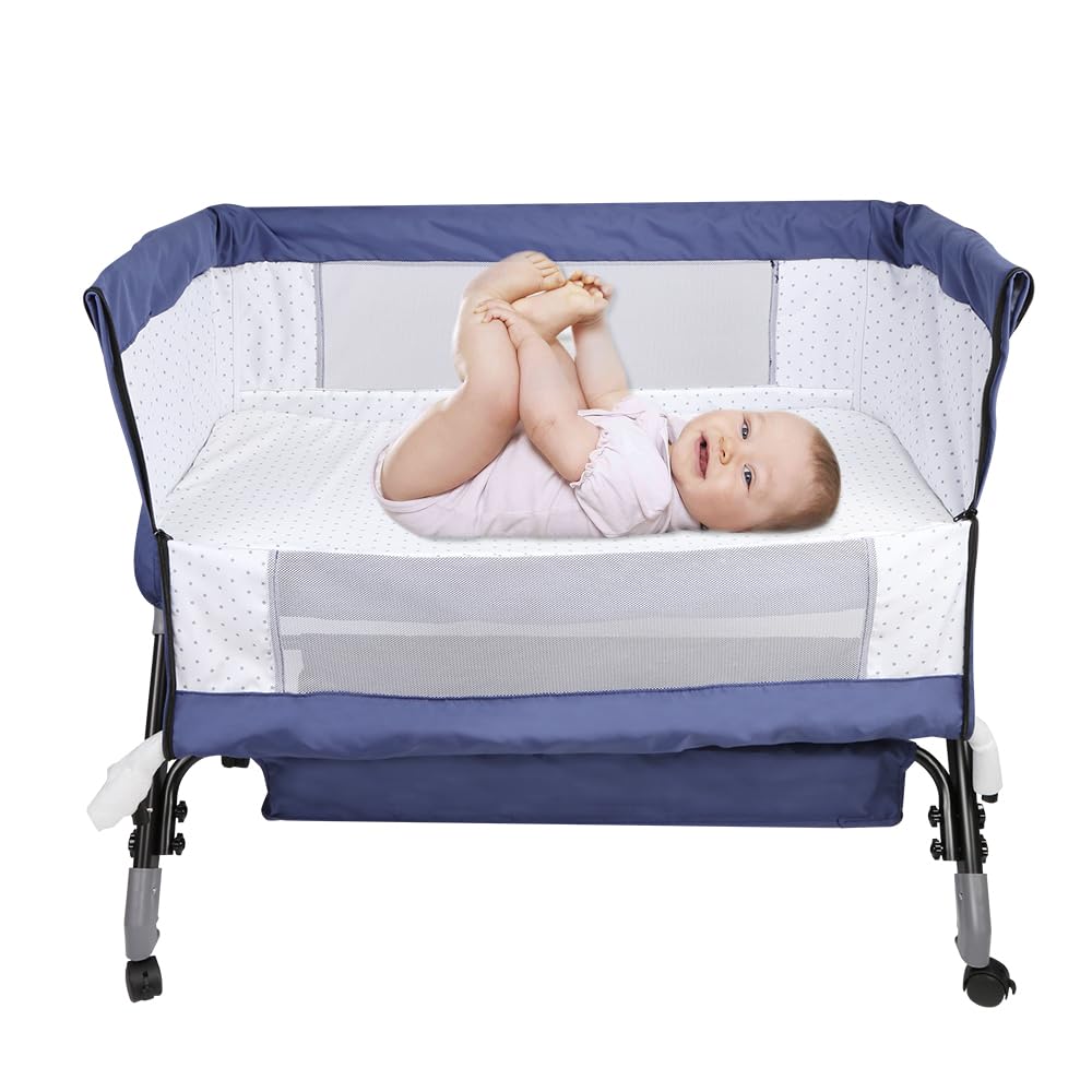 HUOLE 3 in 1 Culla Neonato Fianco Letto, Lettino Neonato Dondolo con Materasso, Culla Co-Sleeping Fino a 25 kg, Altezza Regolabili, Inclinazione di 20°-104 * 52 * 100-110 cm-blu navy