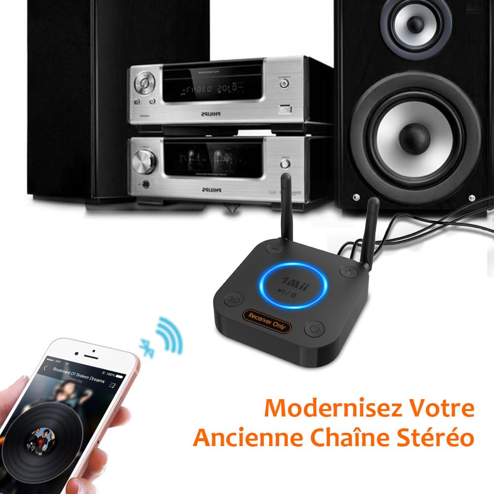 1Mii B06Pro Recepteur Bluetooth 5.3, Longue Portée Adaptateur Audio sans Fil Hi-FI, avec 3D Surround aptX HD&LL, RCA Optique AUX 3,5 mm Coaxial pour Système Stéréo Domestique