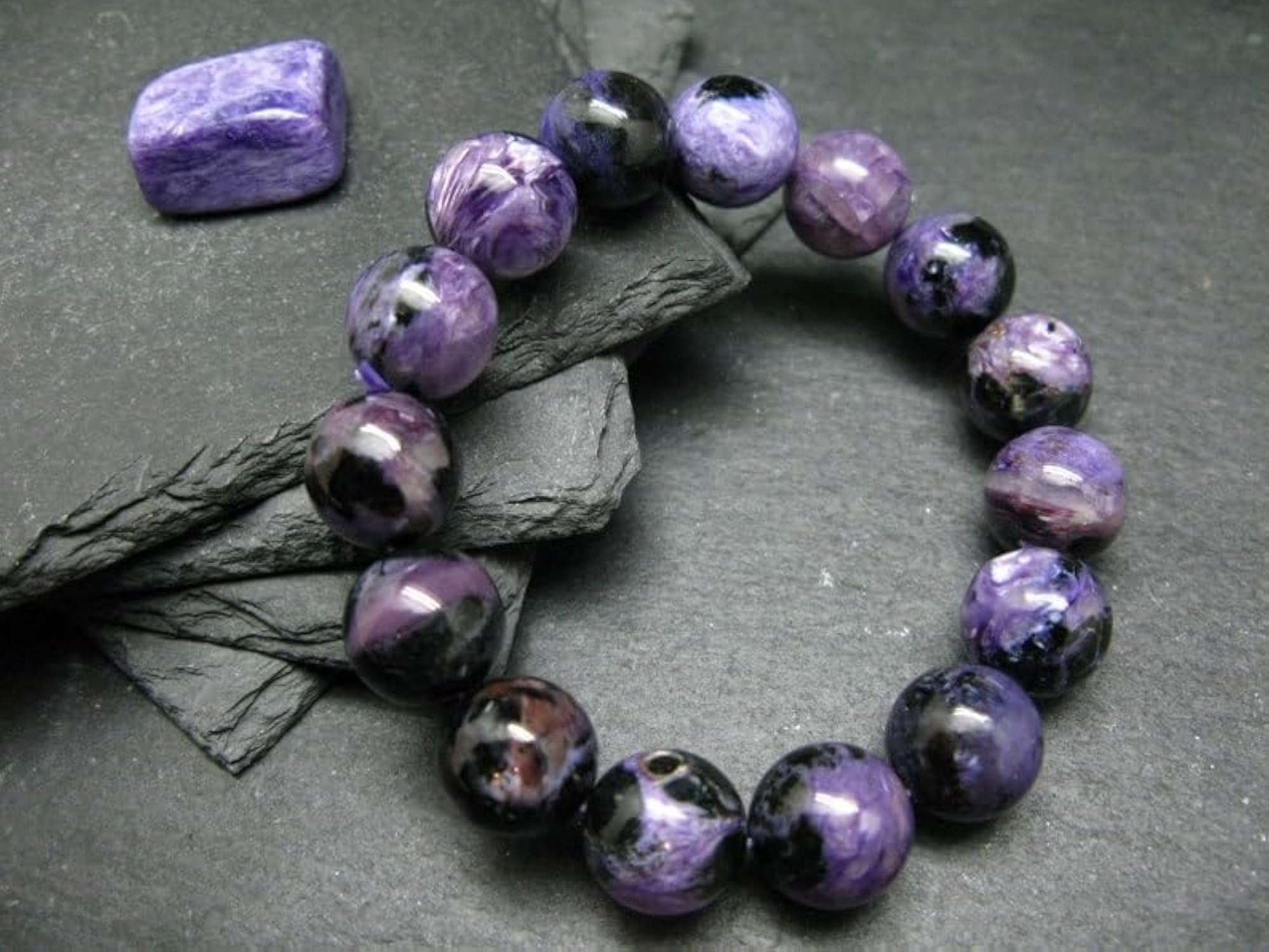 Natural Russian Charoite Round Shape Bead Stretchable Bracelet, Unisex