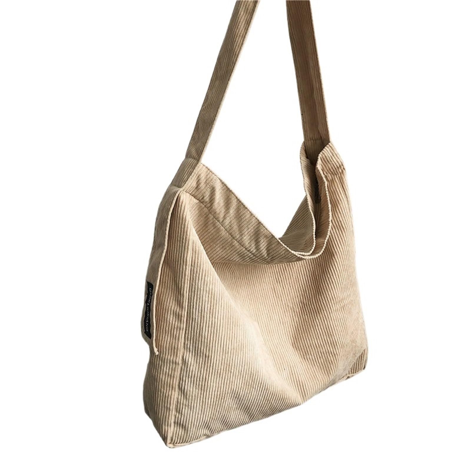 Mmyuak Women's Beige Canvas Tote Bag Corduroy Shoulder Bag Small Cotton Canvas Messenger Bag Vintage Bag Large Capacity Student Tote Bag(Beige)