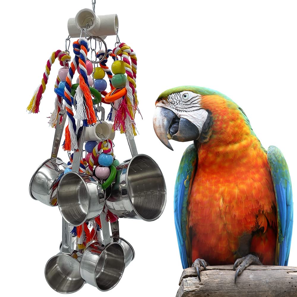 Cenyo GILYGI New Upgraded Pots And Multicolored Ring Toys, Pullable 8 Stainless Steel Cups And 8 Wooden Ring Toys for Large And Extra Large Parrot Amazons Macaws African Greys Cockatoos