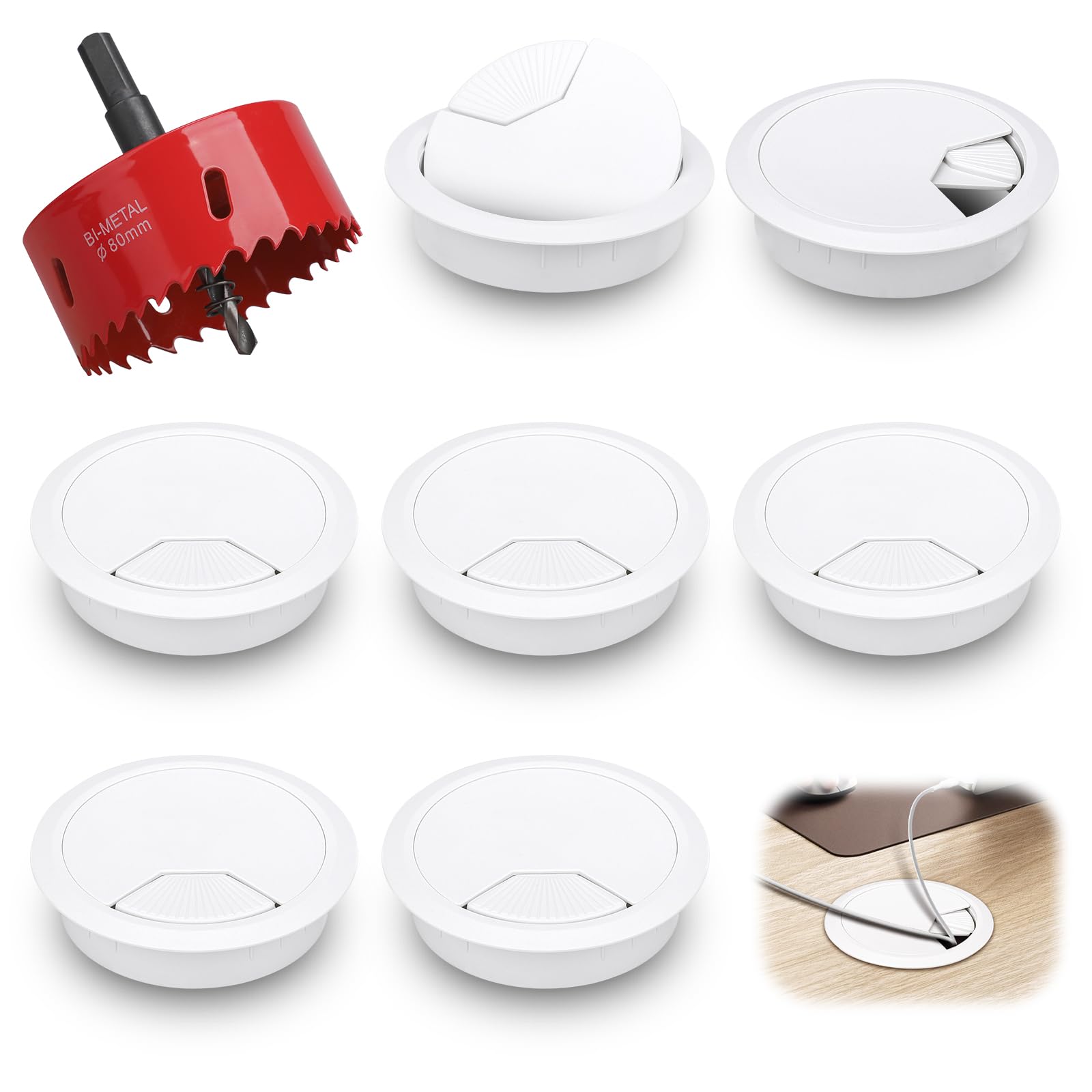 Teokantz White 8 Pcs Desk Grommet 80Mm (3.15Inch) With Metal Hole Saw, Desk Cable Hole Cover Round Plastic Desk Cable Grommet, Cable Grommets For Management Holes Office And Home Computer Desk Wires