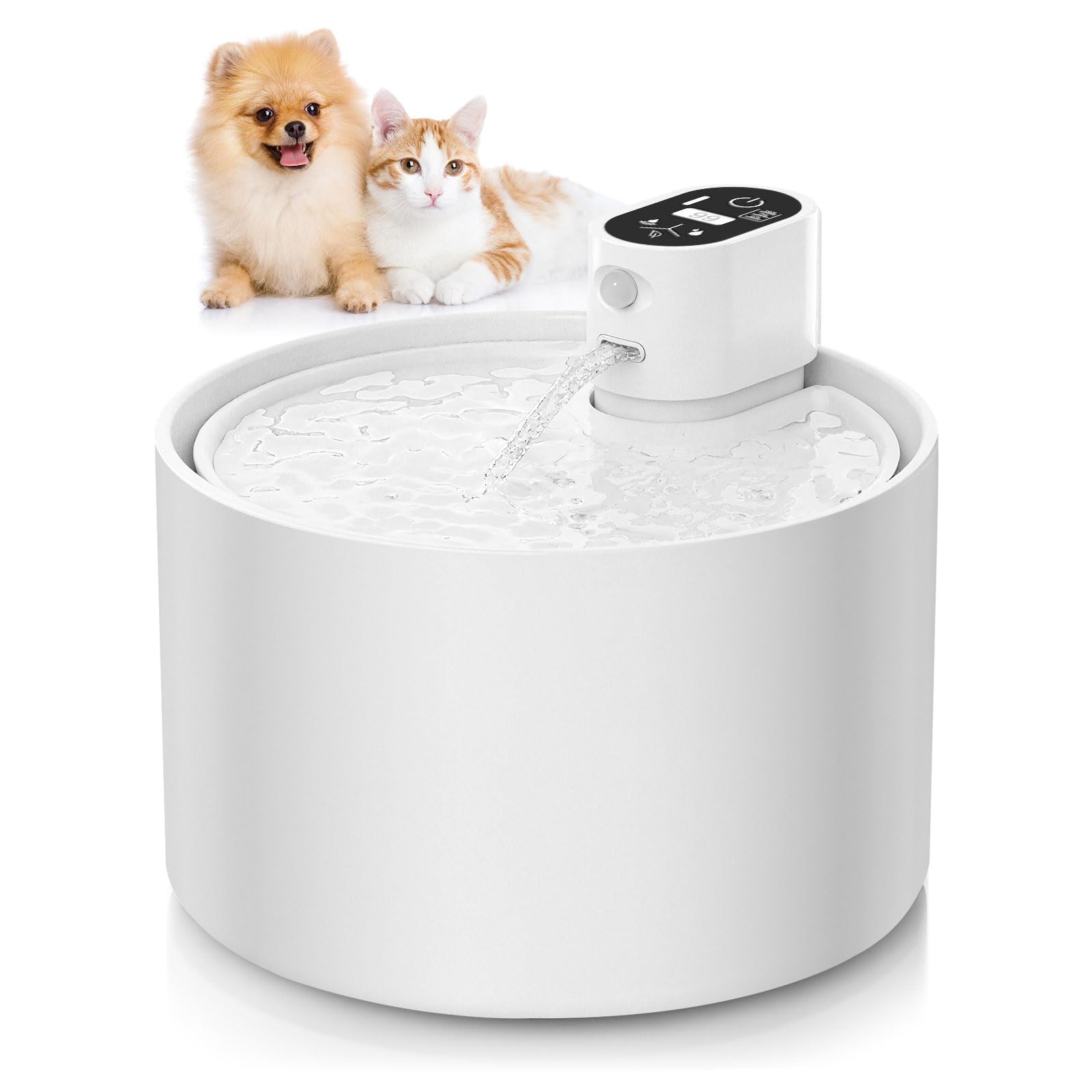 Automatic Ceramic Cat Water Fountain, 2.3L Cordless Pet Water Dispenser with Temperature & Water Level Display, 3 Drinking Modes,Ultra-Quiet Pump, for Cats, Dogs, Multiple Pets(White)
