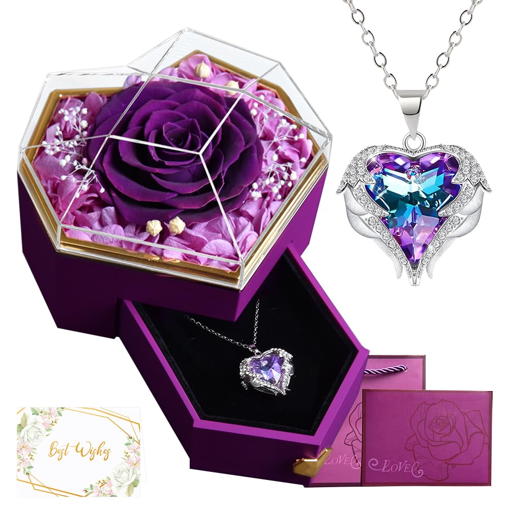 TBOLINETBOLINE Eternal Rose Flowers with Heart Necklaces Rose & Necklaces Gift Box Eternal Flower Jewellery for Mothers Day Valentines Day
