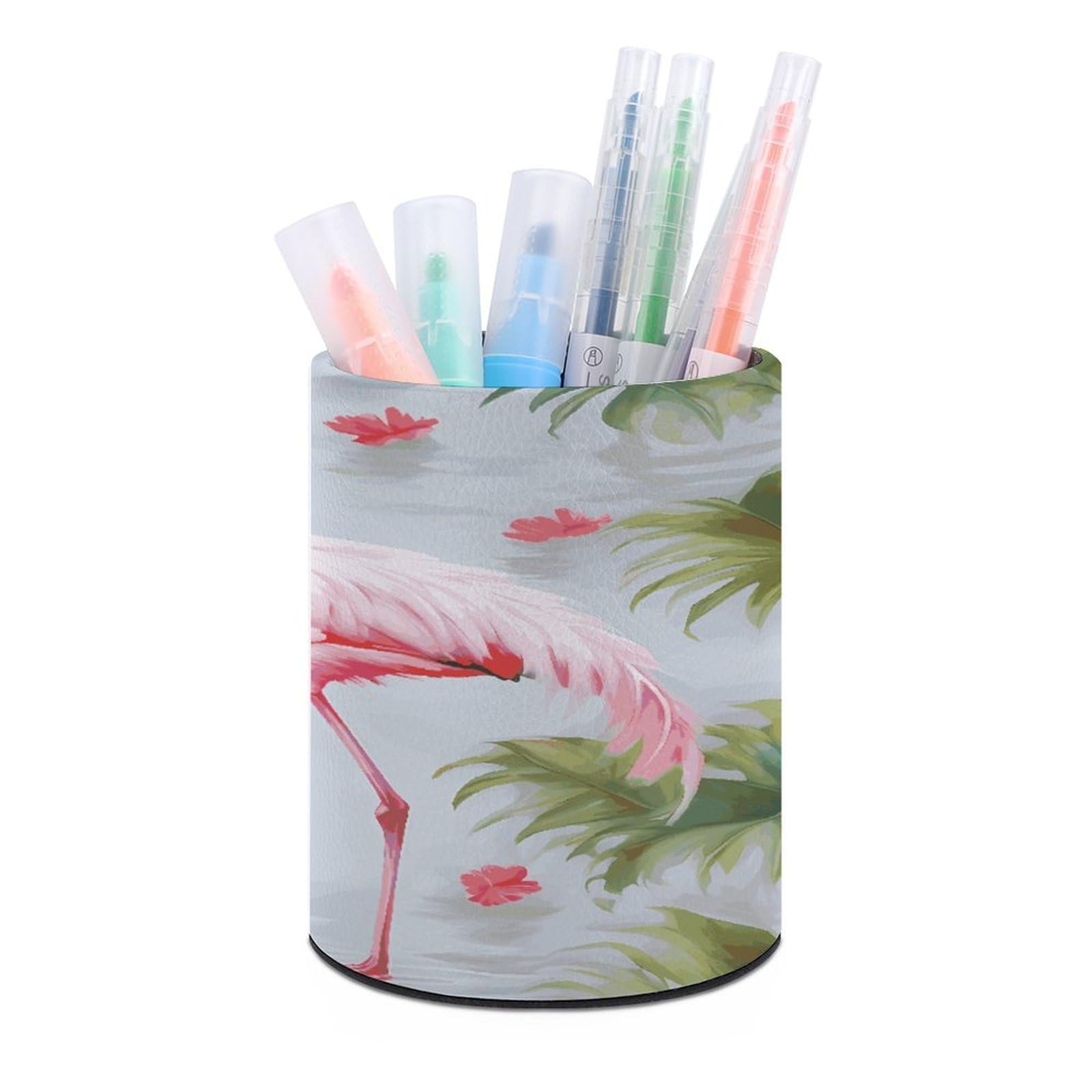 LDGSUPH White Flamingo Round Pen Holder Leather Pen Cup Pencil Cup Pen Organizer Pencil Holder for Desk Organizer Pencil Organizers Makeup Brush Holders for Home Office Gift