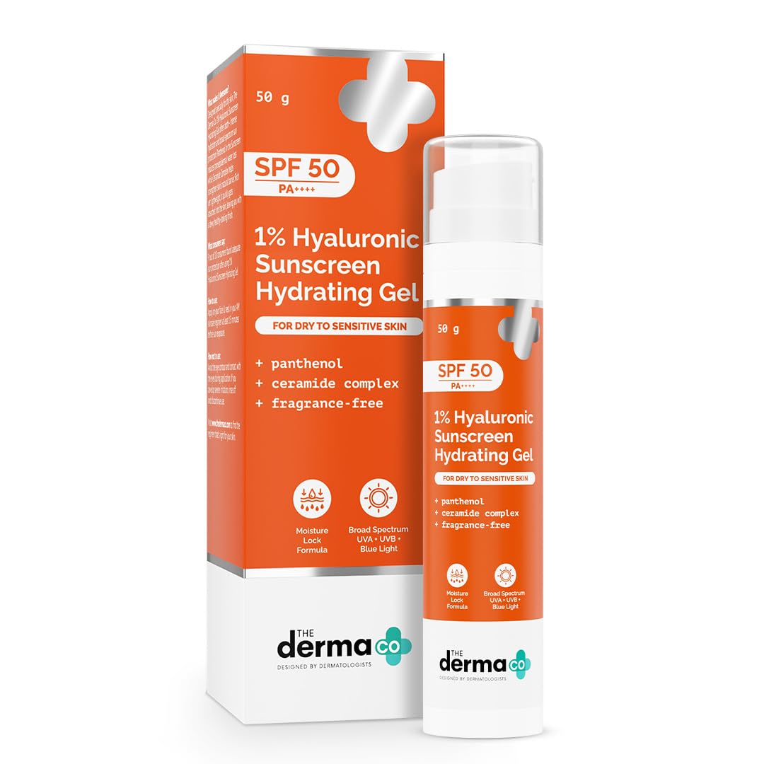The Derma Co1% Hyaluronic Sunscreen Hydrating Gel SPF 50 PA++++ | For Dry, Sensitive Skin | Lightweight Texture | No White Cast | UVA/UVB, Broad Spectrum Protection & Blue Light Protection | Non