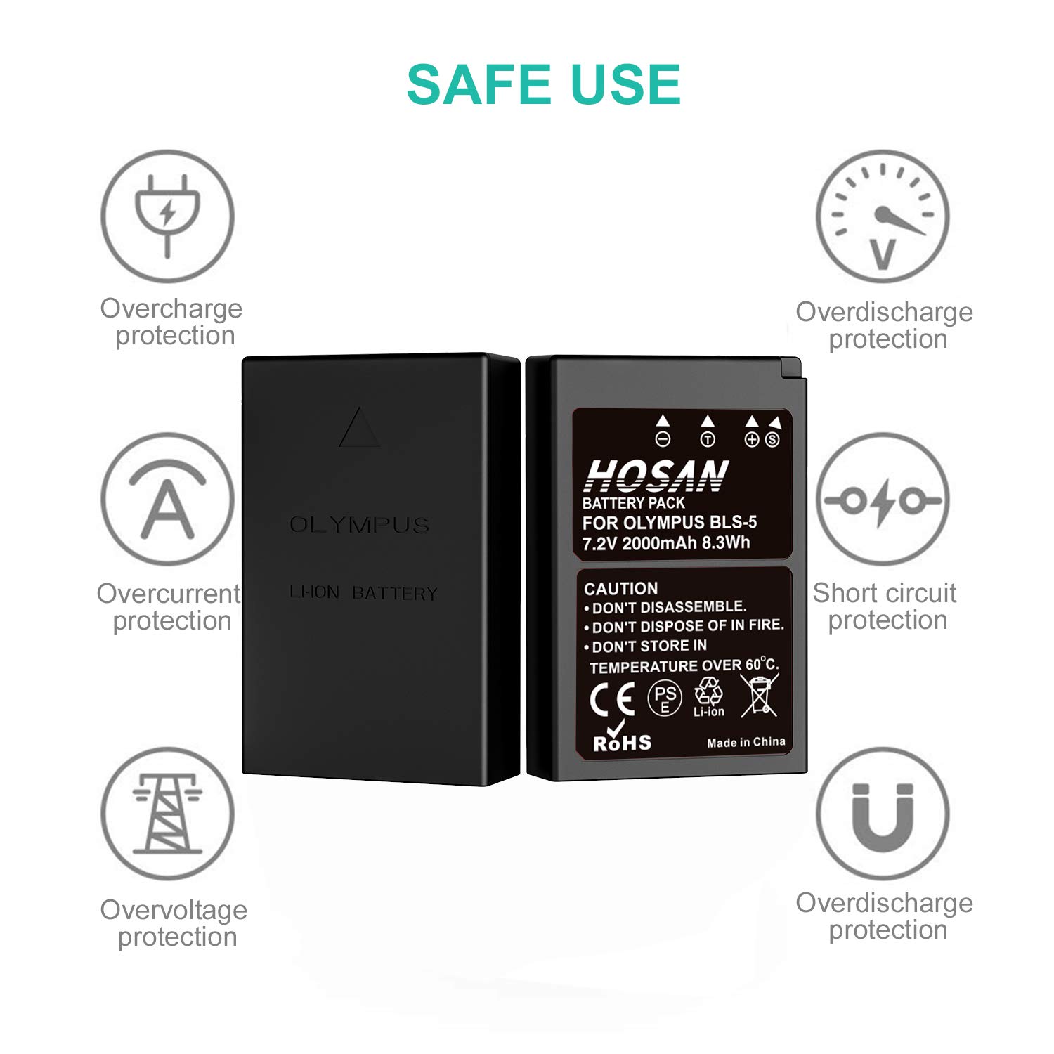 HOSAN BLS-5/BLS-50 Batterie de Rechange 2000mAh Lot de 2 avec Compatible pour Olympus BLS5/BLS50,Om-D E-M10 Mark III,Om-D E-M10 Mark II,Om-D E-M10
