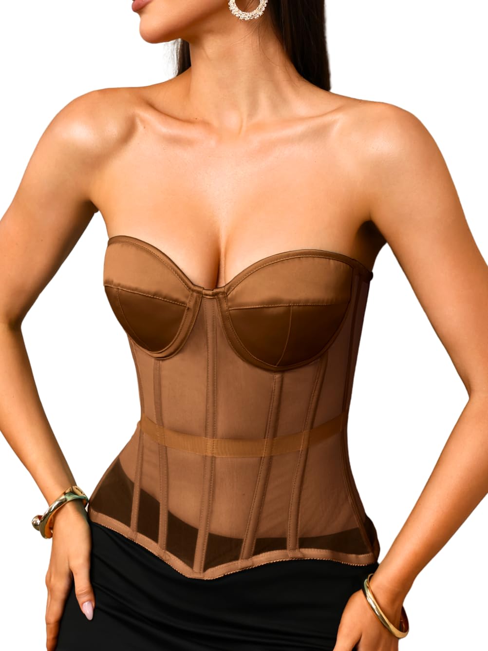 Kaei&amp;Shi Women's Strapless Mesh Corset Top, Padded Lace-Up Bustier