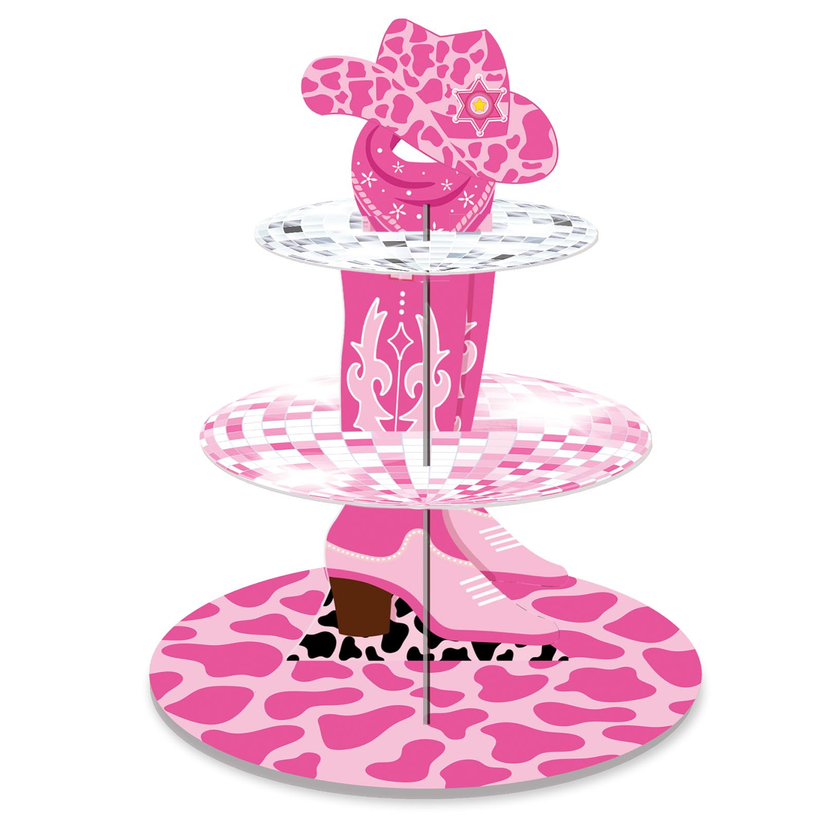 Tbay Girls Pink Western Cow Cupcake Stand, 3-Tier Western Cowboy Birthday Cake Stand Disco Bachelorette Cupcake Holder For Women Cow Last Disco Bachelorette Party Birthday Rodeo Party