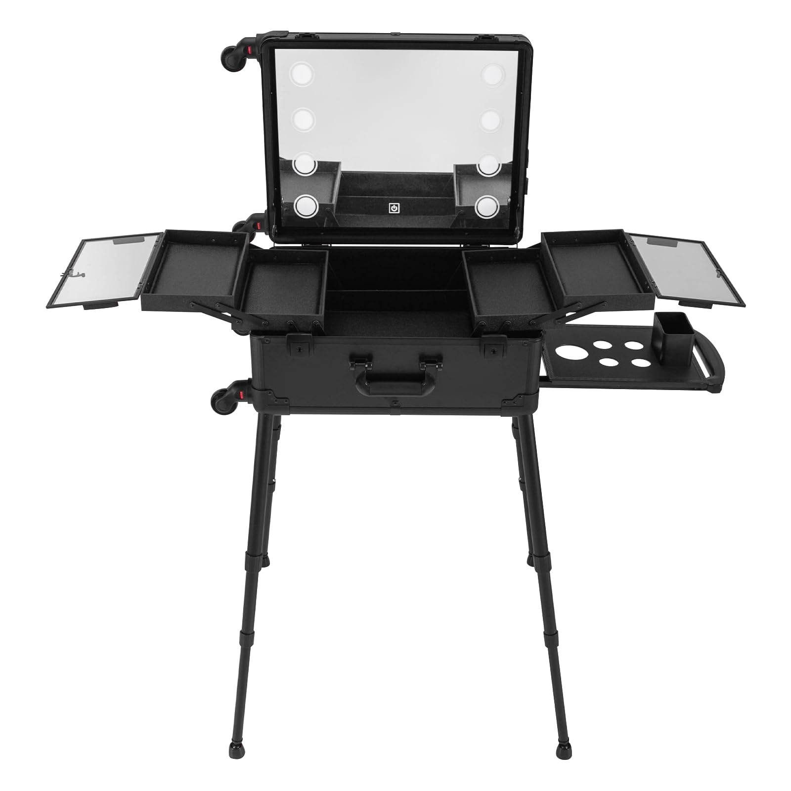 Kosmetikkoffer Schminkkoffer Damen Kosmetik Make Up Koffer Case Beauty Koffer Beautycase Cosmetic Case Friseurkoffer mit LED Spiegel 8 Licht höhenverstellbare Beine (Schwarz)