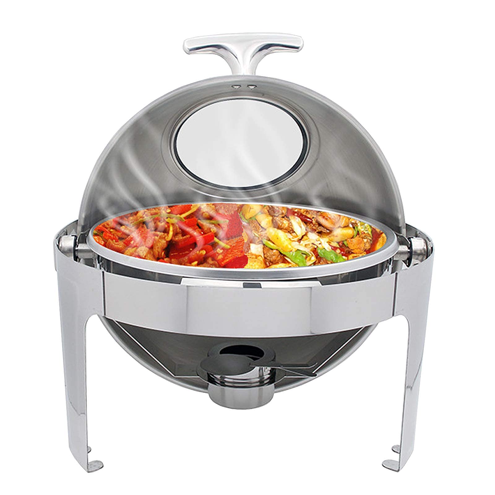 Chafing dish rond 6.8L en inox avec couvercle roll top et fenêtre visible