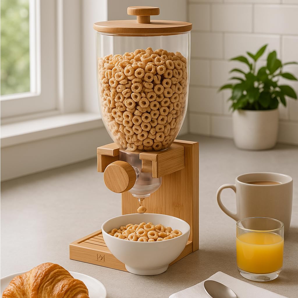 Honey-Can-Do Distributeur de céréales en bambou avec couvercle hermétique – Distributeur de nourriture sèche de comptoir pour l'organisation de la cuisine – Récipient à céréales écologique pour