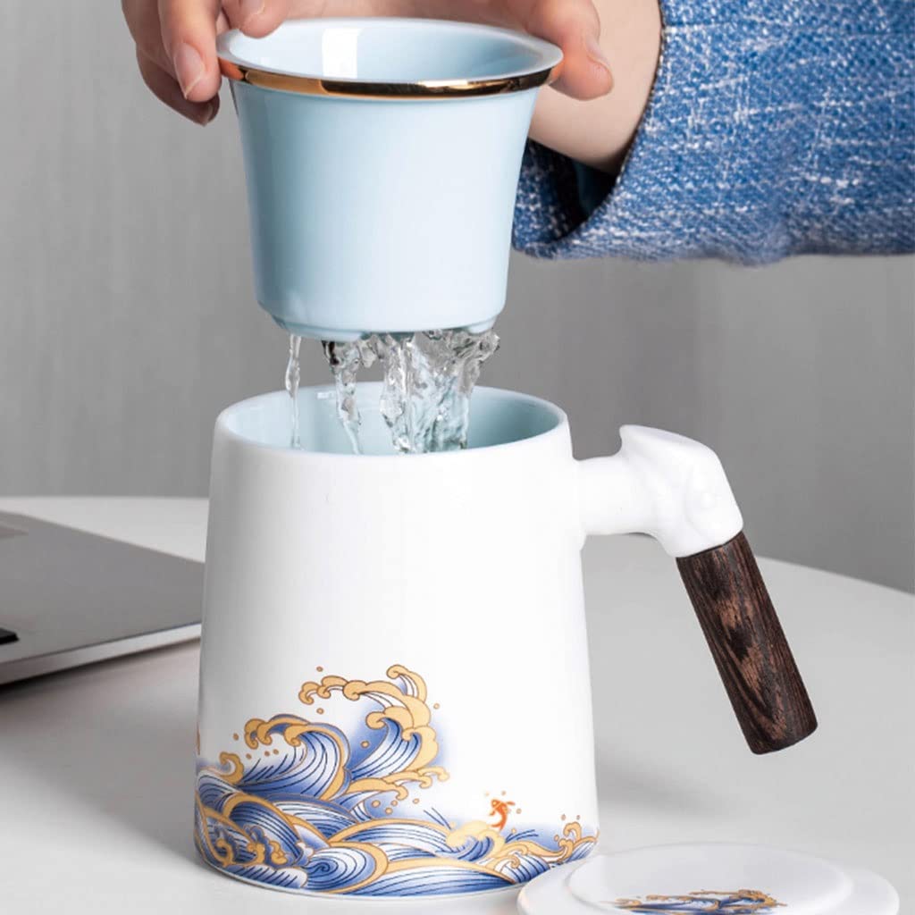 HSQMA Tasse À Thé en Céramique avec Couvercle, Tasse À Thé avec Poignée en Bois, Tasse À Thé avec Filtre pour La Maison Et Le Bureau，Parfaite pour Le Bureau Et La Maison (Color : Dark Blue)