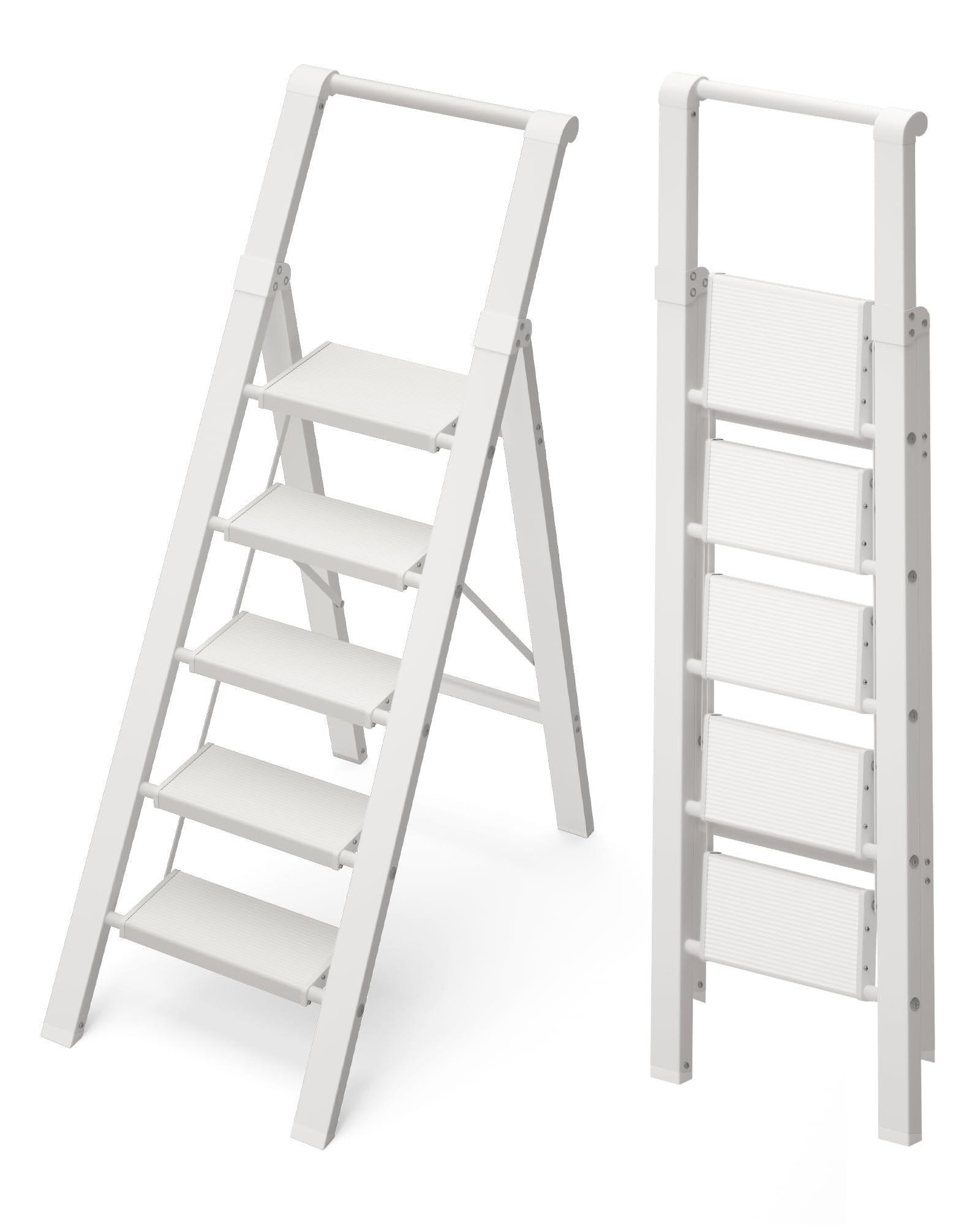 5 Step Ladder, Lightweight Folding StepStool with Convenient Handgrip,Aluminum 330lbs CapacityStep Ladder for Office,Household,Kitchen(White)