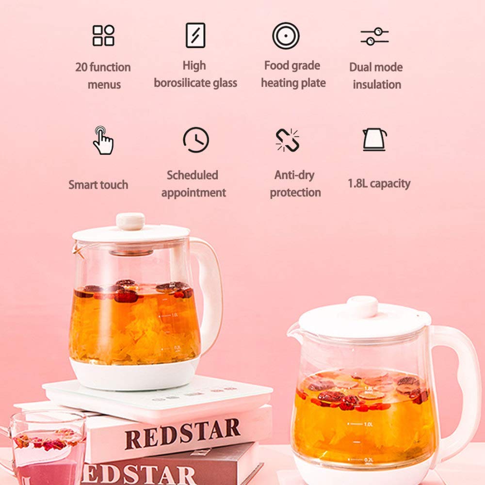 Teteras, Tetera Eléctrica, 1.8L de Té Eléctrico de Vidrio con Filtro, Tetera Inalámbrica con Control de Temperatura, Apagado Automático Y Protección Seca por Hervir, 800W/Rosado